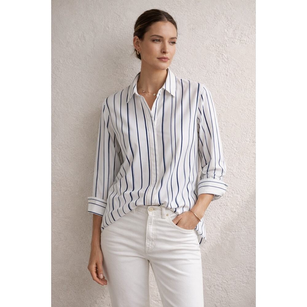Lafayette 148 Stripe Button Down Shirt White Blue Longline Size L - Picture 4 of 13